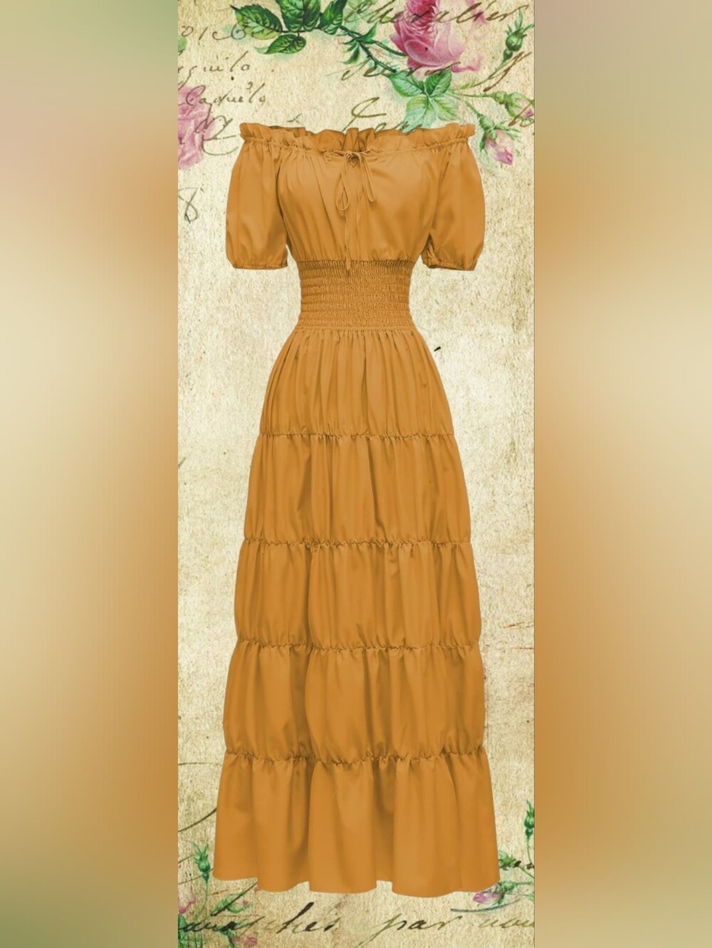 Sexy Gold Renaissance Off-Shoulder Smocked Tiered Flowy Maxi Dress